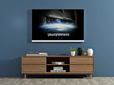 Wooden TV Stand With Books Potted Plant Decor Items And Transformers Poster On Blue Wall 3d model