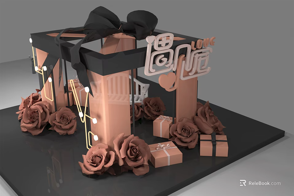 Romantic Gift Display With Black Bow Roses And String Lights LOVE Sign 3d model