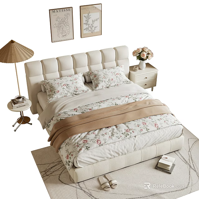 Elegant Double Bed with Upholstered Headboard Floral Bedspread Nightstand Vase and Floor Lamp 3d model