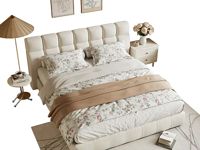 Elegant Double Bed with Upholstered Headboard Floral Bedspread Nightstand Vase and Floor Lamp 3d model