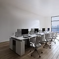White Office Desk with Multiple Monitors Green Plants and Silver Chairs on Wooden Floor