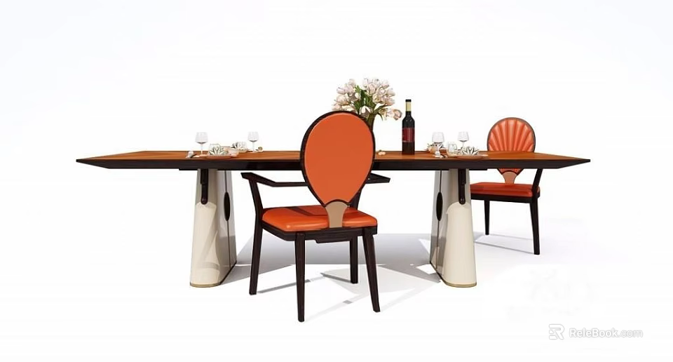 Modern Dining Table Set With Orange Chairs White Legs Flower Arrangement And Wine Bottle 3d model 