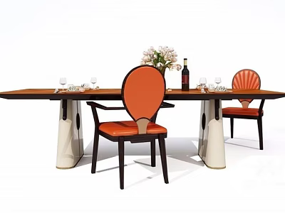 Modern Dining Table Set With Orange Chairs White Legs Flower Arrangement And Wine Bottle 3d model
