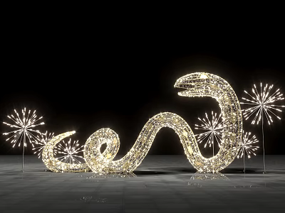 Illuminated Snake Shaped Art Installation With Firework Like Lights Against Dark Background 3d model