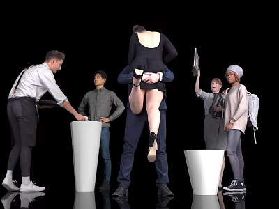Group of People Interacting Around White Pedestals in Black Background Scene 3d model