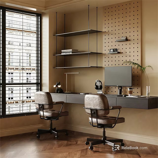 Modern Home Office Desk With Shelves Pegboard Monitor And Ergonomic Chairs 3d model 