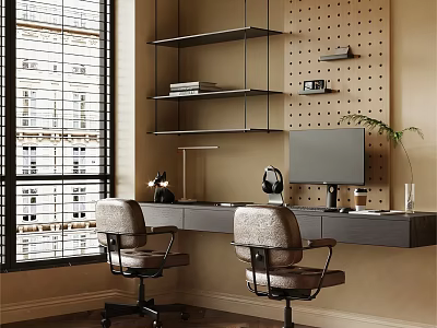 Modern Home Office Desk With Shelves Pegboard Monitor And Ergonomic Chairs 3d model
