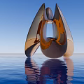 Modern Abstract Curved Metallic Sculpture in Silver and Orange on Calm Blue Water With Reflection
