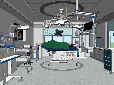 Advanced Operating Room Featuring Surgical Table Medical Equipment Monitors And Ceiling Lights 3d model
