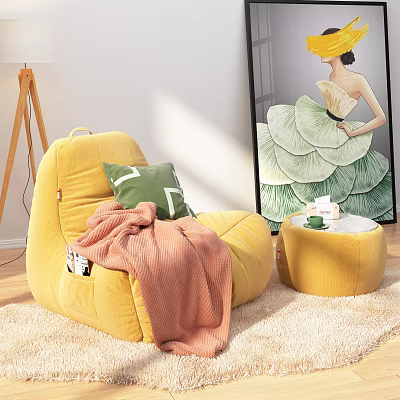 Yellow Bean Bag Chair with Green Pillow Pink Blanket and Ottoman in Cozy Room 3d model