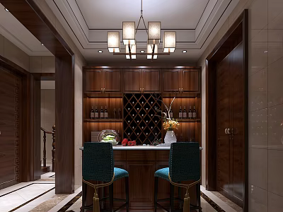 Elegant Bar Area With Dark Wooden Cabinets Wine Rack Pendant Lights And Blue Bar Stools 3d model