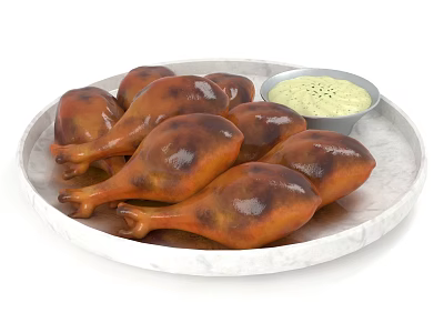 Golden Brown Roasted Chicken Drumsticks With creamy Dip Sauce On Platter 3d model