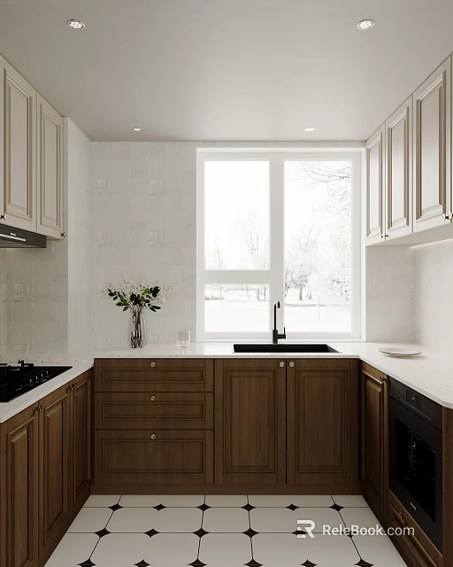 Elegant Kitchen Interior With Wooden Cabinets White Tiled Walls Window Sink And Countertop 3d model 