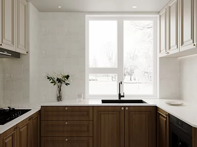 Elegant Kitchen Interior With Wooden Cabinets White Tiled Walls Window Sink And Countertop 3d model