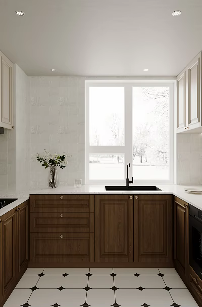Elegant Kitchen Interior With Wooden Cabinets White Tiled Walls Window Sink And Countertop 3d model