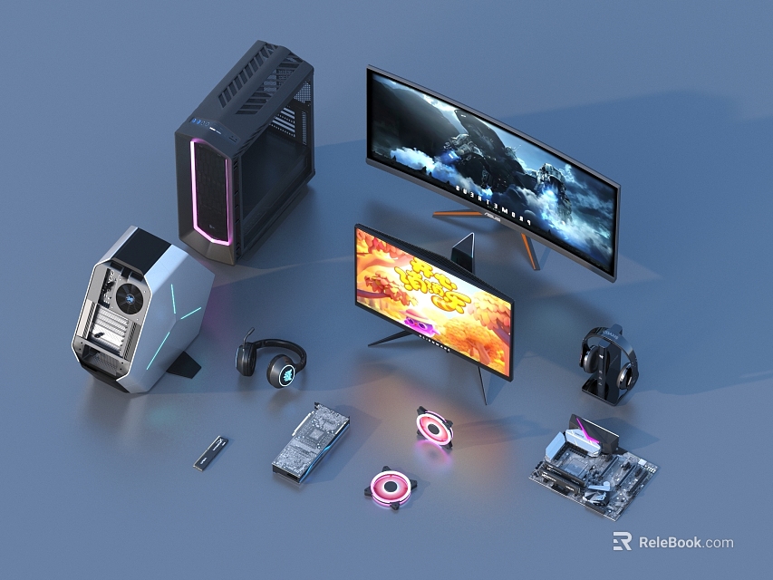 High Performance Gaming Computer Setup With Curved Monitor RGB Fans And Components 3d model 