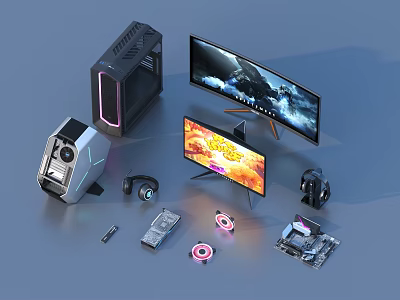 High Performance Gaming Computer Setup With Curved Monitor RGB Fans And Components 3d model
