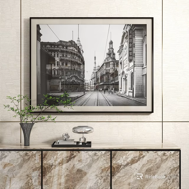 Abstract Painting of Black and White City Street Scene on Wall with Vase and Decor 3d model 