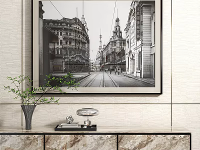 Abstract Painting of Black and White City Street Scene on Wall with Vase and Decor 3d model