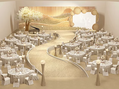 Elegant Wedding Stage With Floral Tree Piano Round Decorations And White Tables Chairs 3d model