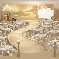 Elegant Wedding Stage With Floral Tree Piano Round Decorations And White Tables Chairs