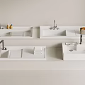 Multiple White Modern Wall Mounted Washbasins In Bathroom With Toiletries And Towel Racks