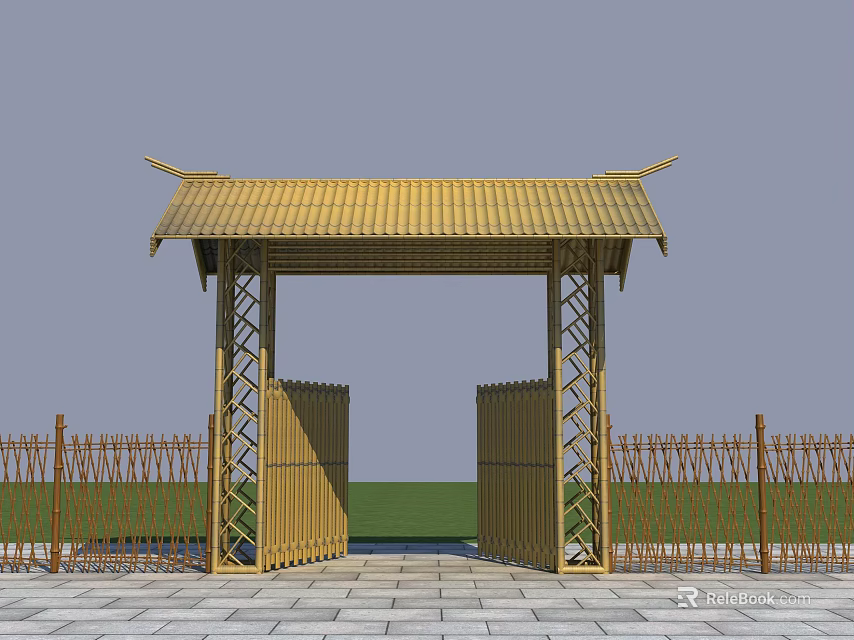 Traditional Bamboo Archway With Yellow Roof And Stone Pavement Surrounded By Bamboo Fences 3d model 