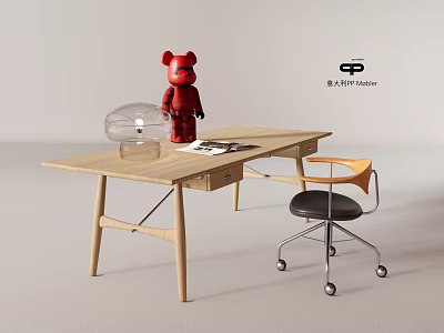 Modern Wooden Desk Interior With Red Bear Figurine Transparent Lampshade Lamp And Chair 3d model