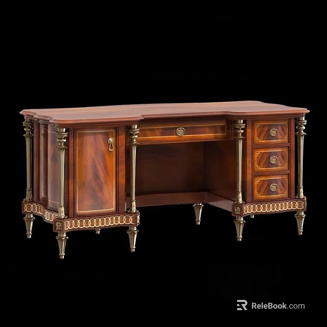 Classic Elegant Wooden Desk With Ornate Carvings Gold Accents And Drawers 3d model 