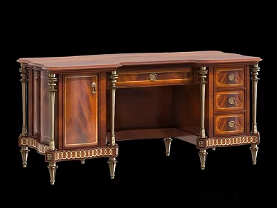 Classic Elegant Wooden Desk With Ornate Carvings Gold Accents And Drawers 3d model