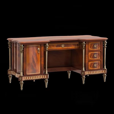Classic Elegant Wooden Desk With Ornate Carvings Gold Accents And Drawers 3d model