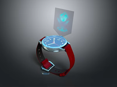 Smartwatch With Red Strap And Blue Dial Featuring Earth Projection Function 3d model
