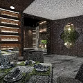 Elegant Restaurant Interior With Wine Shelves Wooden Walls Chandelier Dining Tables And Greenery Decor