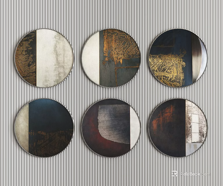 Multiple Circular Framed Paintings With Textured Patterns And Diverse Color Tones For Home Wall Decor 3d model 