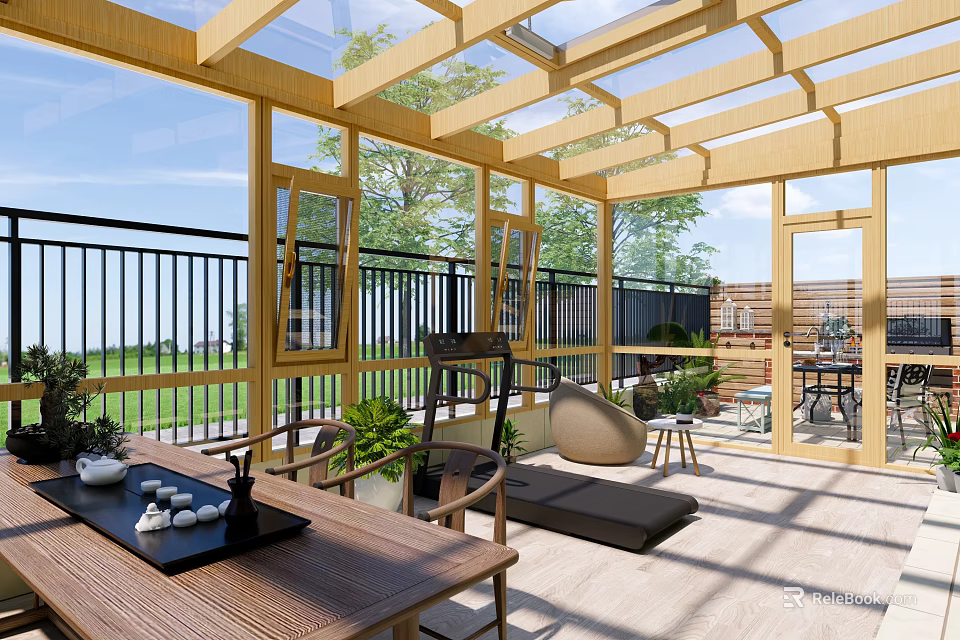 Sunlit Villa Balcony With Wooden Structure Large Glass Windows Green Plants And Lounger 3d model 