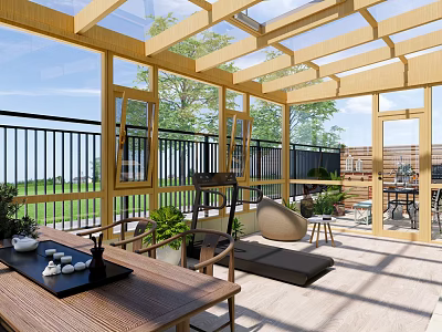 Sunlit Villa Balcony With Wooden Structure Large Glass Windows Green Plants And Lounger 3d model
