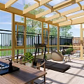 Sunlit Villa Balcony With Wooden Structure Large Glass Windows Green Plants And Lounger