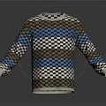 Long Sleeved Round Neck Sweater With Checkerboard And Striped Blue Brown Beige Pattern