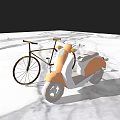 Golden Frame Bicycle With Orange Scooter On White Marble Floor