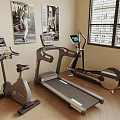 Indoor Sports Equipment Setup With Stationary Bike Treadmill Elliptical Trainer And Digital Screens