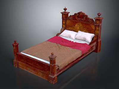 Classic Wooden Bed With Carved Headboard Column Design Brown Quilt Red Blanket And White Pillows 3d model