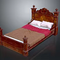 Classic Wooden Bed With Carved Headboard Column Design Brown Quilt Red Blanket And White Pillows