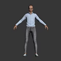 Man Dressed in Light Blue Plaid Shirt Gray Pants White Shoes Arms Outstretched on Gray Background