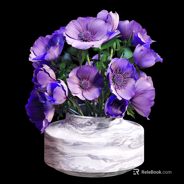 Blooming Purple Anemones In White Marble Textured Vase With Green Leaves 3d model 