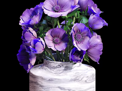 Blooming Purple Anemones In White Marble Textured Vase With Green Leaves 3d model