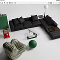 Modern Black L shaped Sofa And Glass Coffee Table With Cushions Green Cabinet And Decorative Elements