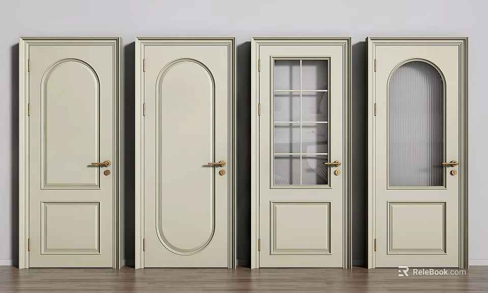 Light Colored Swing Doors With Different Designs Glass Panels And Golden Handles For Home Interior 3d model 