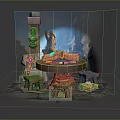 Wooden Round Desk With Open Book Tools And Lighted Column In Fantasy Cave Setting