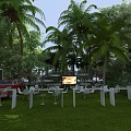 Garden Landscape With Palm Trees Green Plants Outdoor White Tables Chairs And Red Car
