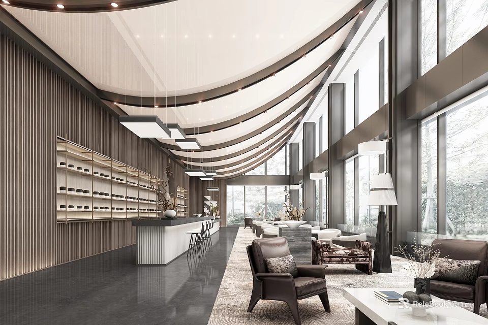 Modern Lounge Area Interior Design With Comfortable Seating Coffee Tables And Floor to Ceiling Windows 3d model 